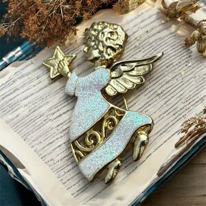 Elegant Gold and White Angel Brooch